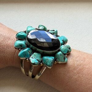 Turquoise and Black Statement Flower Cuff Bracelet